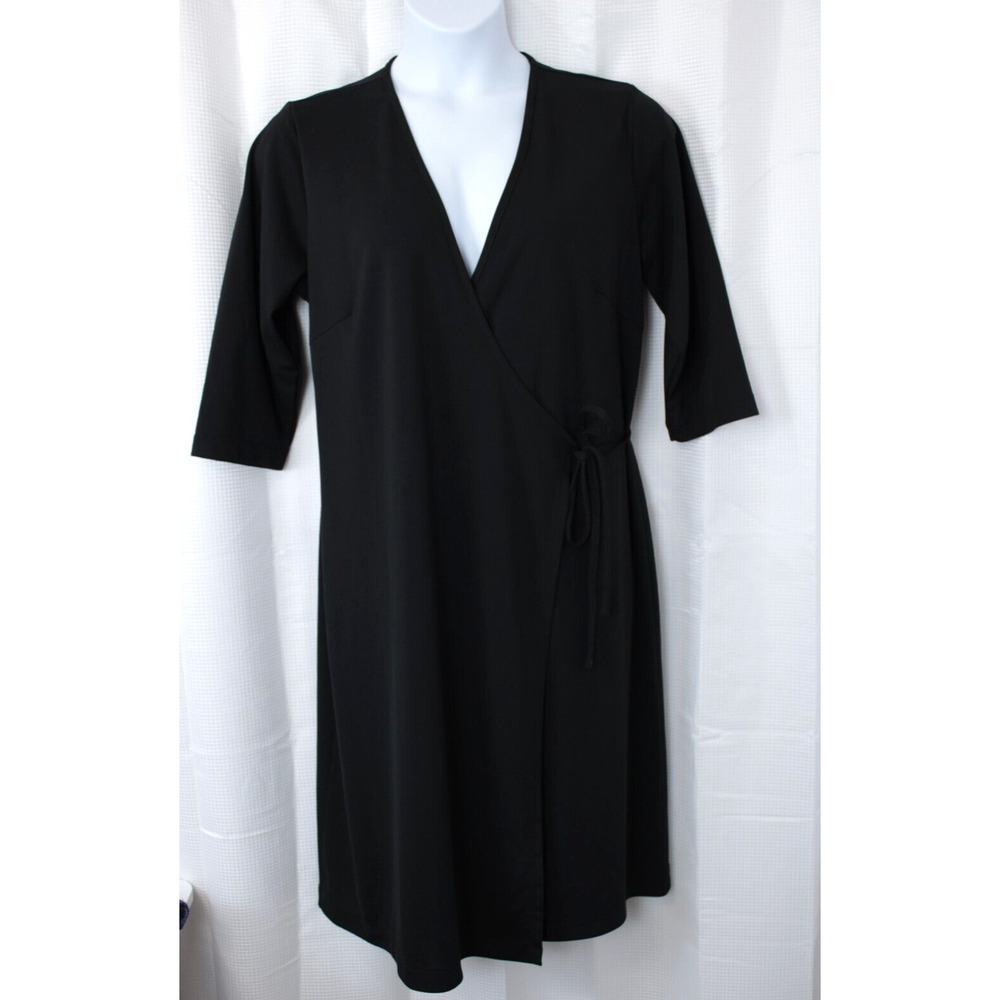 Venezia Midi Wrap Dress 3/4 Sleeve Women 14 / 16 Black Neutral Office Minimalist